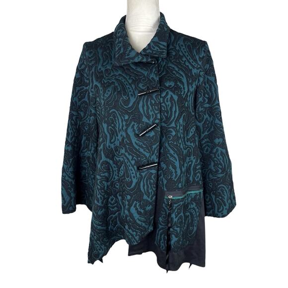 IC Connie Collection Teal Black Toggle Button Lagenlook Tapestry Jacket Sz Large - Picture 1 of 8